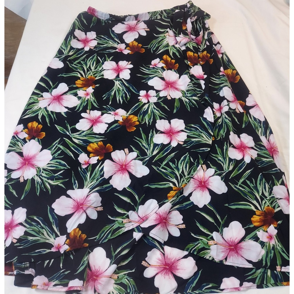 Bobeau Women Black‎ Tropical Hibiscus Floral Faux Wrap Midi Skirt Large L